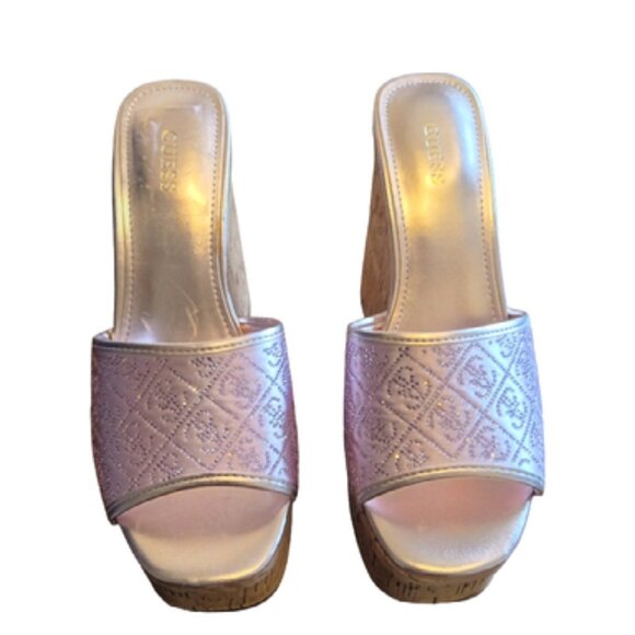Guess Size 7 Womens Cork Platform Wedge Heels with Pink Sparkle Logo - Picture 2 of 8